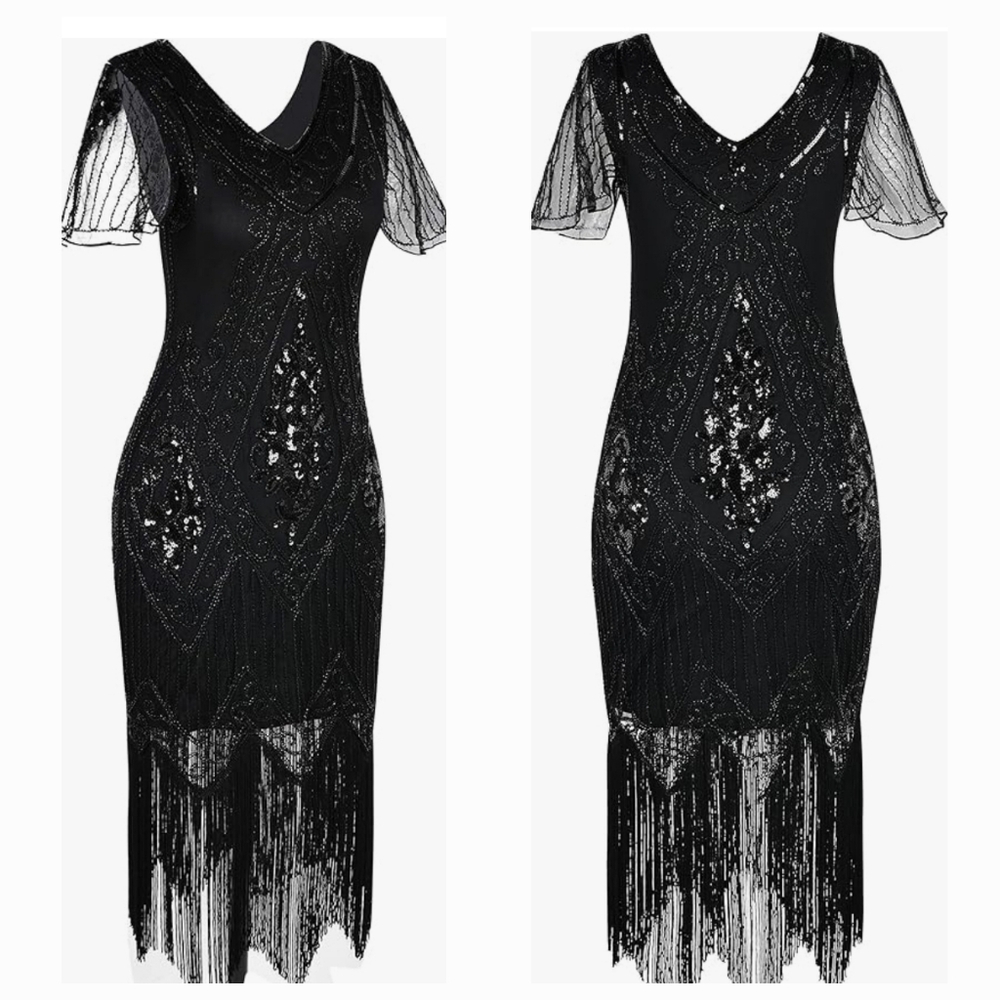 1920s Flapper Black Beaded Fringe High-Low Dress
